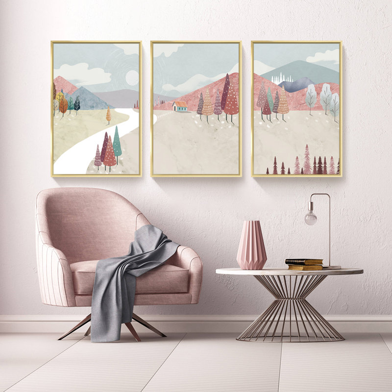 Mountain - ensemble de 3 reproductions sur toile flottantes, H 23,62 po x l 15,75 po x P 1,65 po, Or