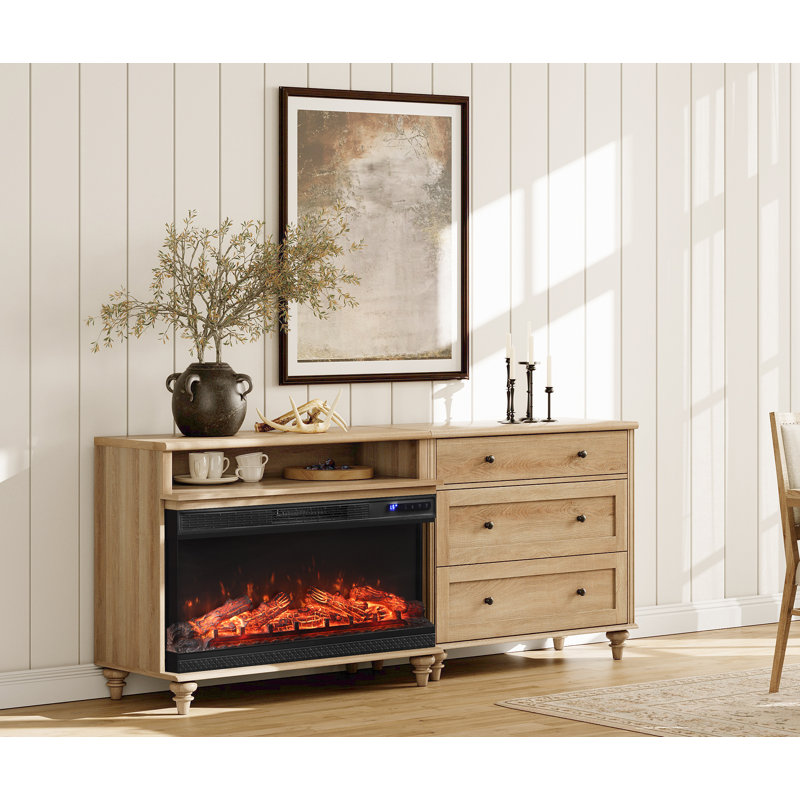 Sideboard Cabinet With 3 Drawers, Vintage Wood Grain Design, Buffet Cabinet With 36" Electric Fireplace, Coffee Bar For Dinning Room, Kitchen, And Living Room, Oak, 71 Inch