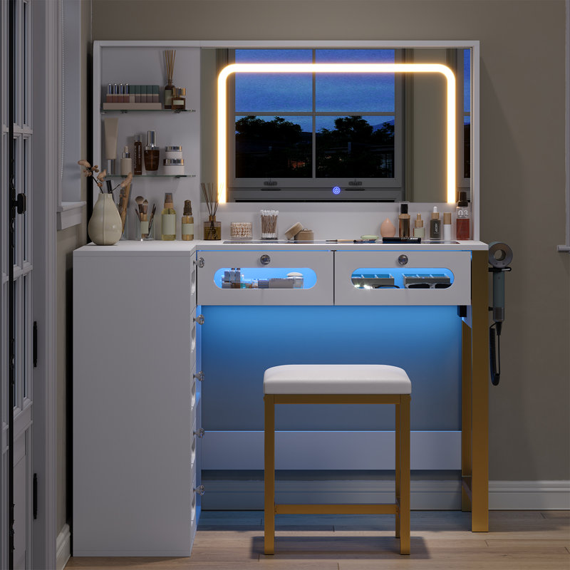 Bureau de coiffeuse cannelé avec miroir, table de maquillage avec prise de courant et 10 lumières, grande table de maquillage à 7 tiroirs avec plateau en verre RVB, réglage libre de l'éclairage pour la chambre à coucher ou le dortoir, blanc