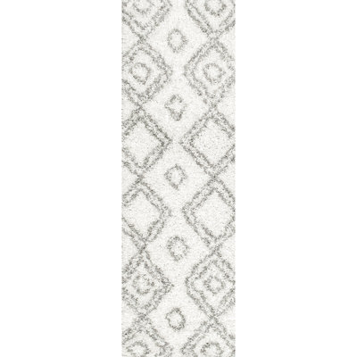 Tapis de couloir à poil long à motif de treillis pour le salon, la chambre à coucher, la salle à manger, la chambre de bébé, le vestibule Kosinski, blanc/ gris