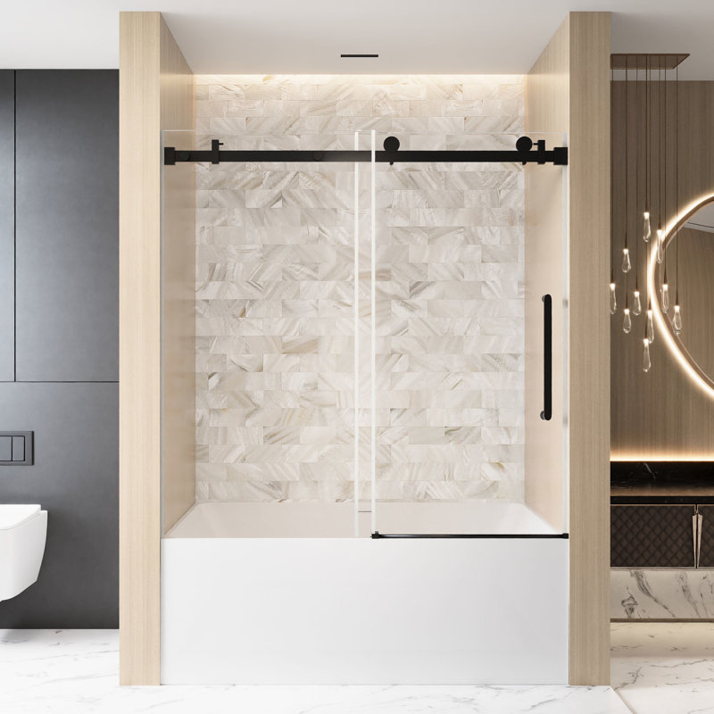 Single Sliding Shower Door 56 - 60 "W X 60" H, 1/4 " 6 Mm  Clear Tempered Glass With Proof Film, Stainless Steel Handle, Square Tube Track In Matte Black, American Style Bathroom, Large Wheels For