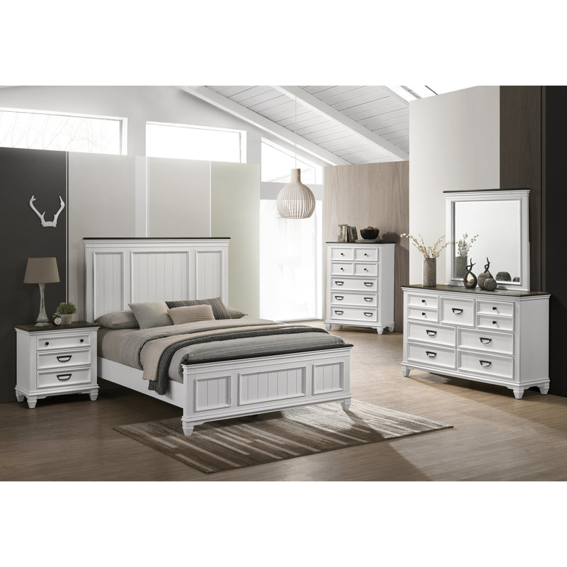 Semaj Wood Distressed Bedroom Set with Bed, Dresser, Mirror, Nightstands, Chest, 2, Queen, Weathered White
