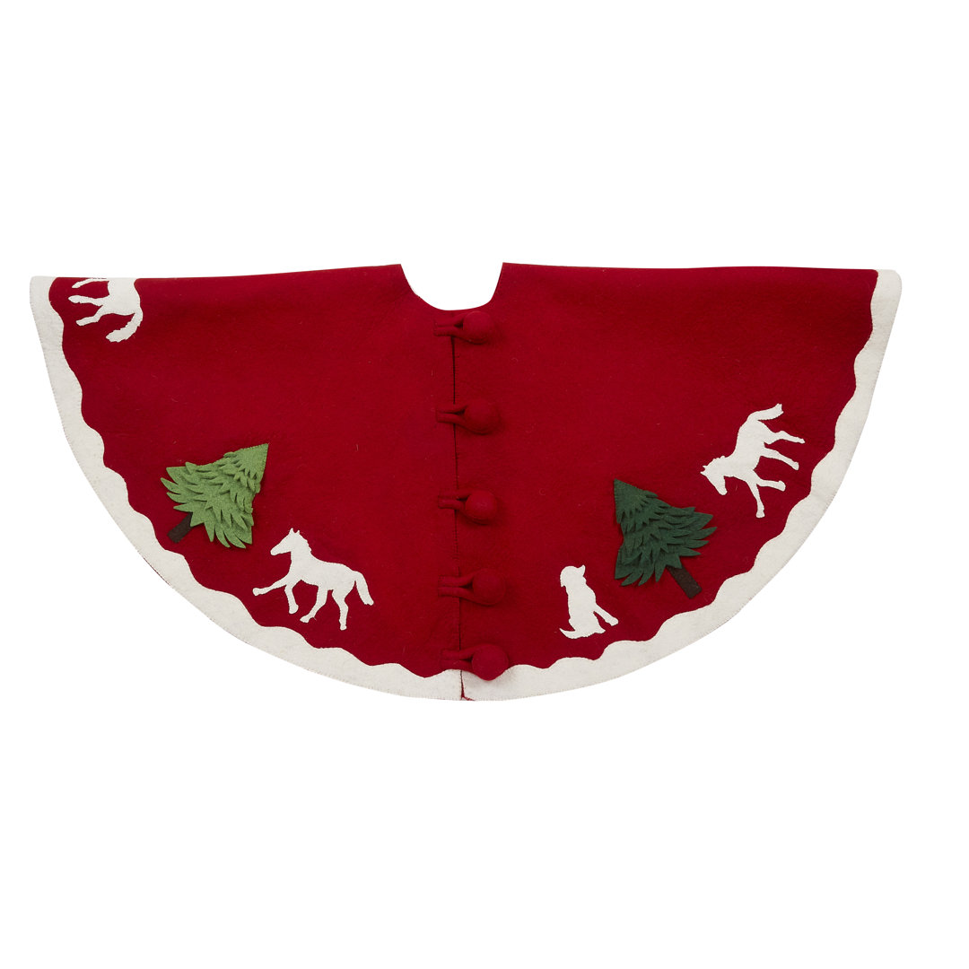 Handmade Christmas Tree Skirt in Hand Felted Wool - Dogs and Horses on Red- 60" Arcadia Home