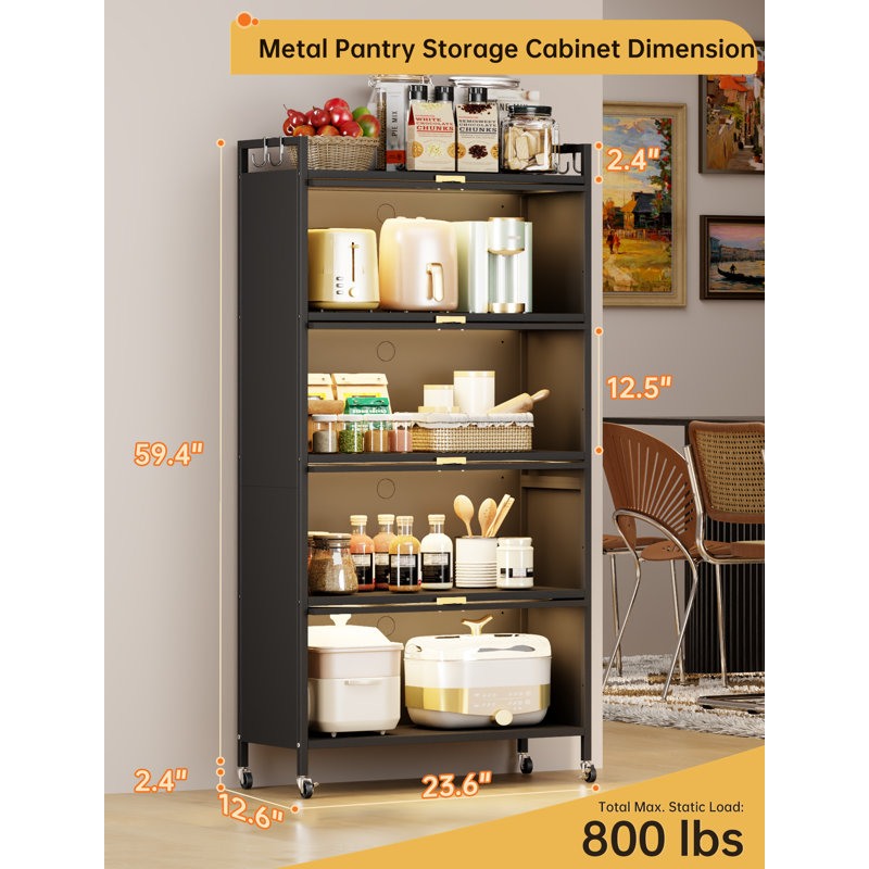  Armoire de cuisine à 5 niveaux avec 4 portes rabattables, support de boulanger de cuisine autoportant avec 4 roulettes, pour la salle à manger, le salon et la salle de bain, noir