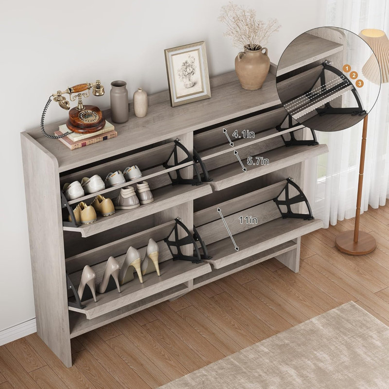 Shoe Cabinet With 4 Flip Drawers, Wooden Shoe Organizer Cabinet With Adjustable Shelf, Shoe Storage For Entryway, Hidden Shoe Cabinet For Hallway, Living Room, Grey