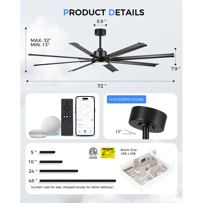 72"Industrial Ceiling Fan With Light,With 8 Aluminium Metal Blades,Works with Alexa, Matte Black with Matte Black Blades