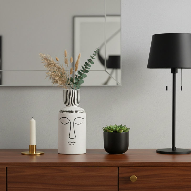 Modern Ceramic Table Vase for Home Decor - Tall Flower Vase for Tabletops, Desks, Office, and Living Room - 11", Black & White