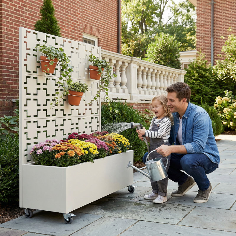 Boîte à fleurs en métal avec treillis et roues, H 47 po x l 47 po x P 16 po, Blanc