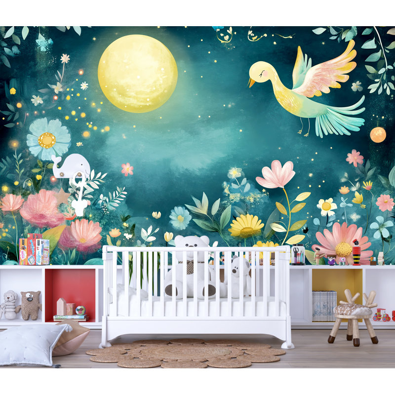 Papier peint au clair de lune avec oiseaux et fleurs, L 144 po x l 100 po, Non tissé