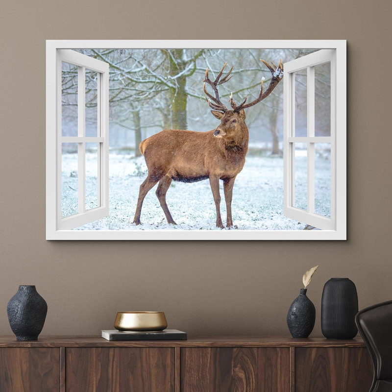 «Window View Rustic Winter Snow Snow Forest Moose Deer Nature Images Scenic Landscape» sur toile, H 32 po x l 48 po