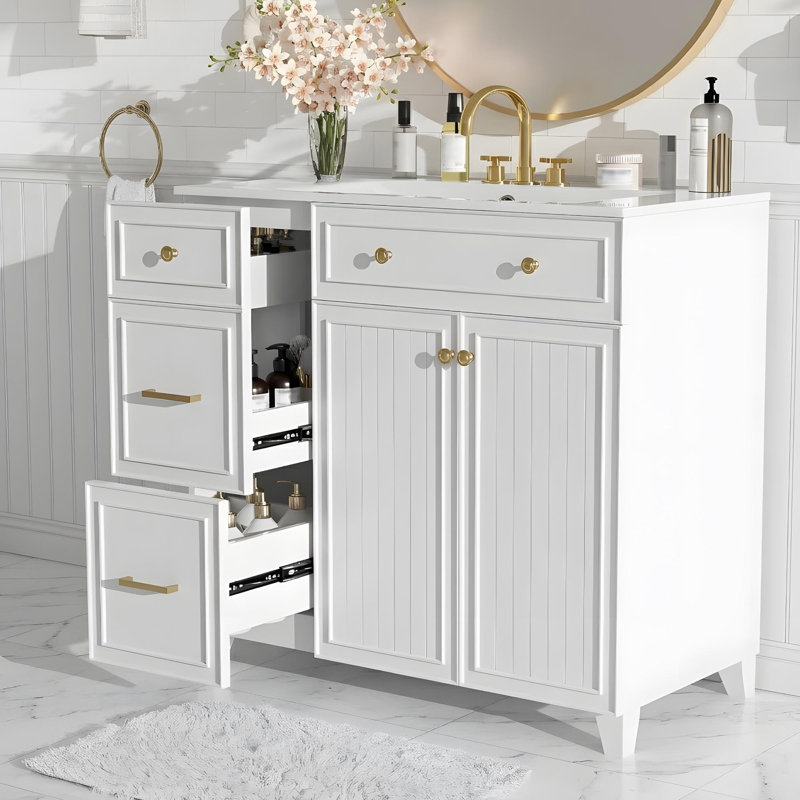 Meuble-lavabo de 36 po avec lavabo en céramique, portes à fermeture douce, tablettes réglables et 2 tiroirs, Blanc
