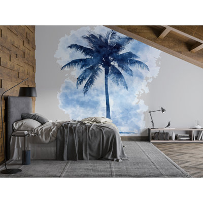 Adhésif décoratif palmier bleu - décor de chambre à coucher tropical, aquarelle côtière, art 018Mv