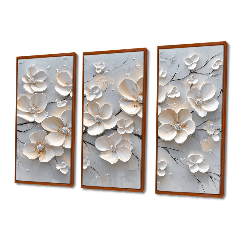 Ensemble de décoration murale lilas blanc Melody IV - Pétunias, Toile avec cadre flottant brun, H 32 po x l 48 po x P 1 po