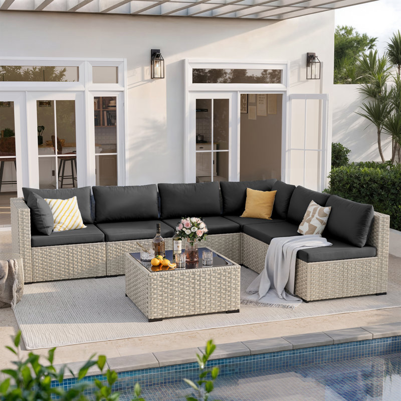 7 Piece Patio Conversation Set with Coffee Table and Cushions, Black, Gray