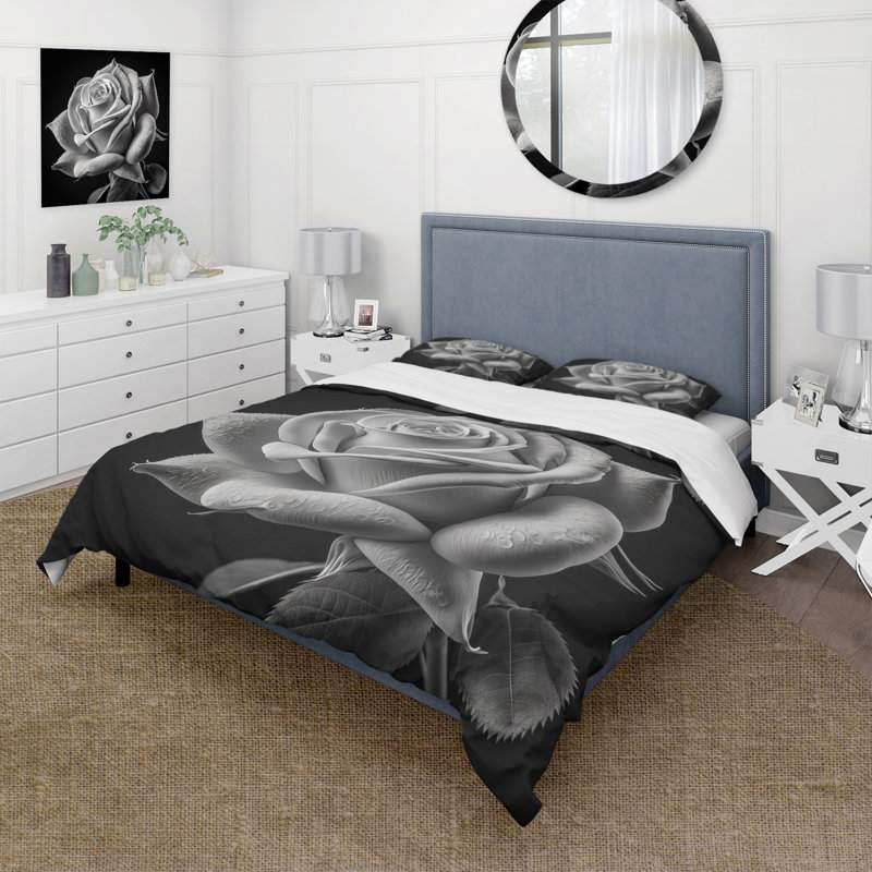Ensemble de housse de couette en microfibre / polyester Blossoming White Rose On Black I Bedding
