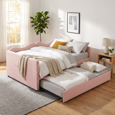 Full-Size Daybed with Pull-Out Trundle, Gingham Upholstered Sofa Bed with Side Storage Pocket, Solid Wood Frame, 3-in-1 Multi-Functional Daybed for Room, Guest Bedroom