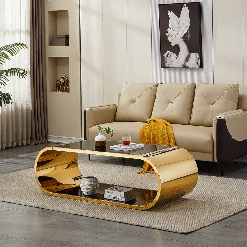Table basse de 57 po en acier inoxydable doré avec verre, table basse moderne pour le salon, plateau en verre à 2 niveaux avec design tendance grand espace