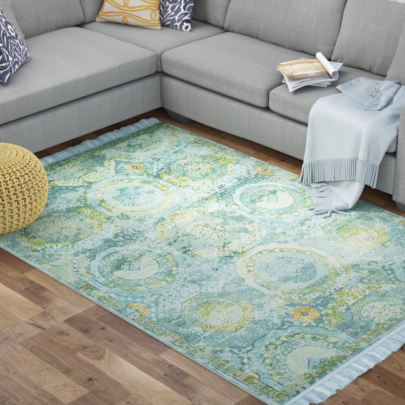 Folmar Oriental Green/Light Blue Area Rug, Rectangle 6' x 9', Green/Light Blue