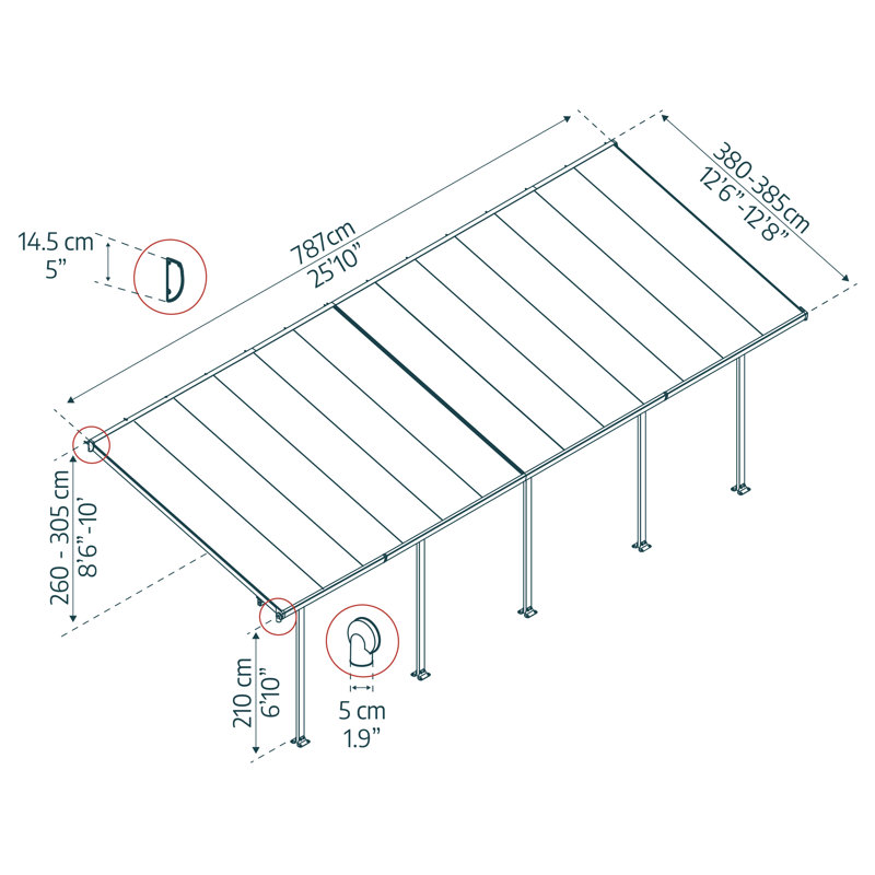 Palram Feria Patio Awning, 260cm H x 380cm W x 787cm D, in Grey