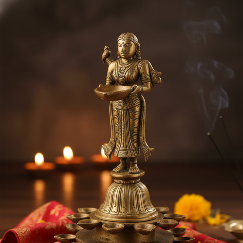 Vase diya en laiton fabriqué à la main avec mèches étagées 11 "Vingt et une lampes de prospérité