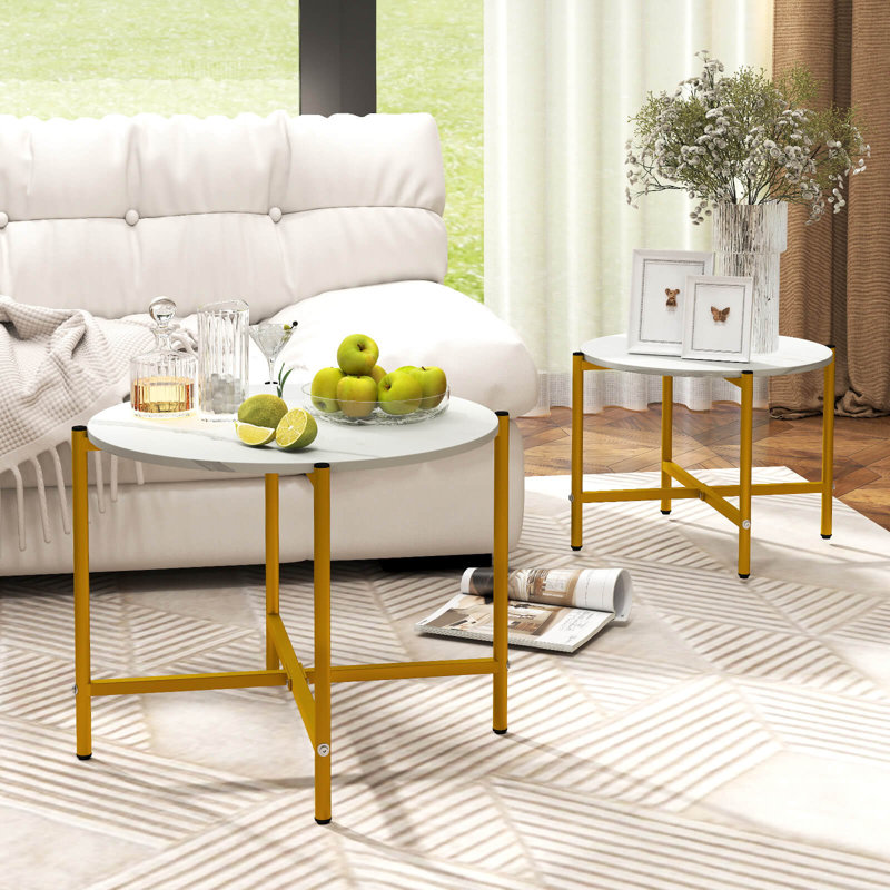 Round Coffee Table Set Of 2 21.5" & 25.5" Nesting Coffee Tables Circle End Table White