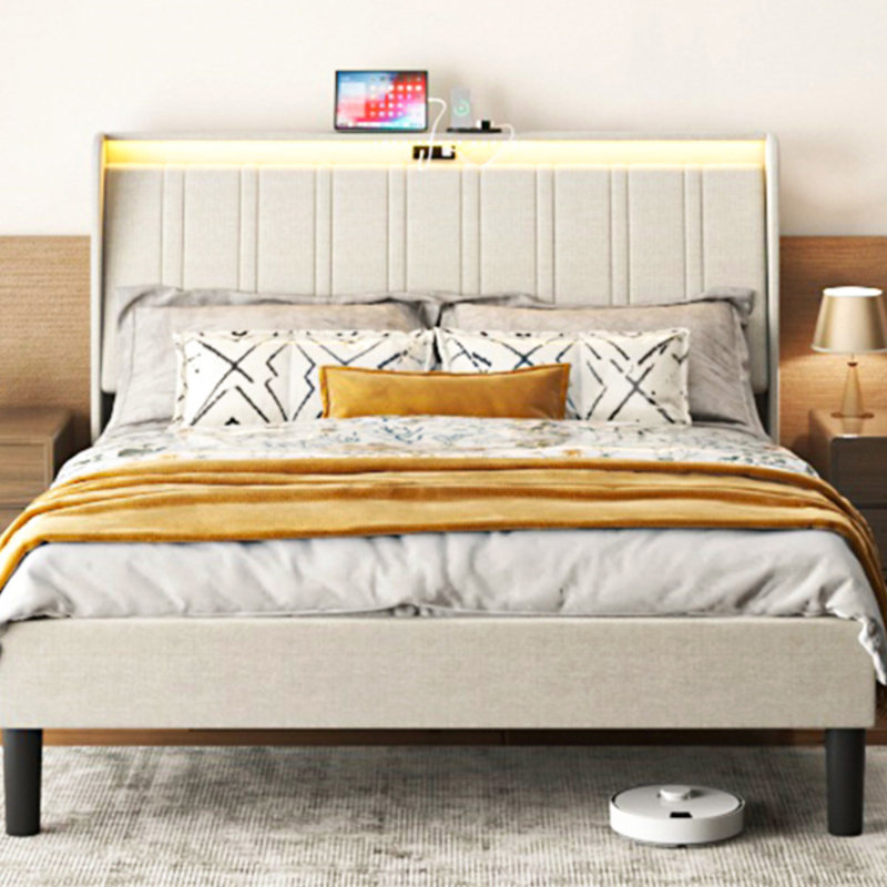 Luxurious Platform Bed Frame With Upholstered Headboard And Wooden Slats Support, Offering Unparalleled Comfort And Style.