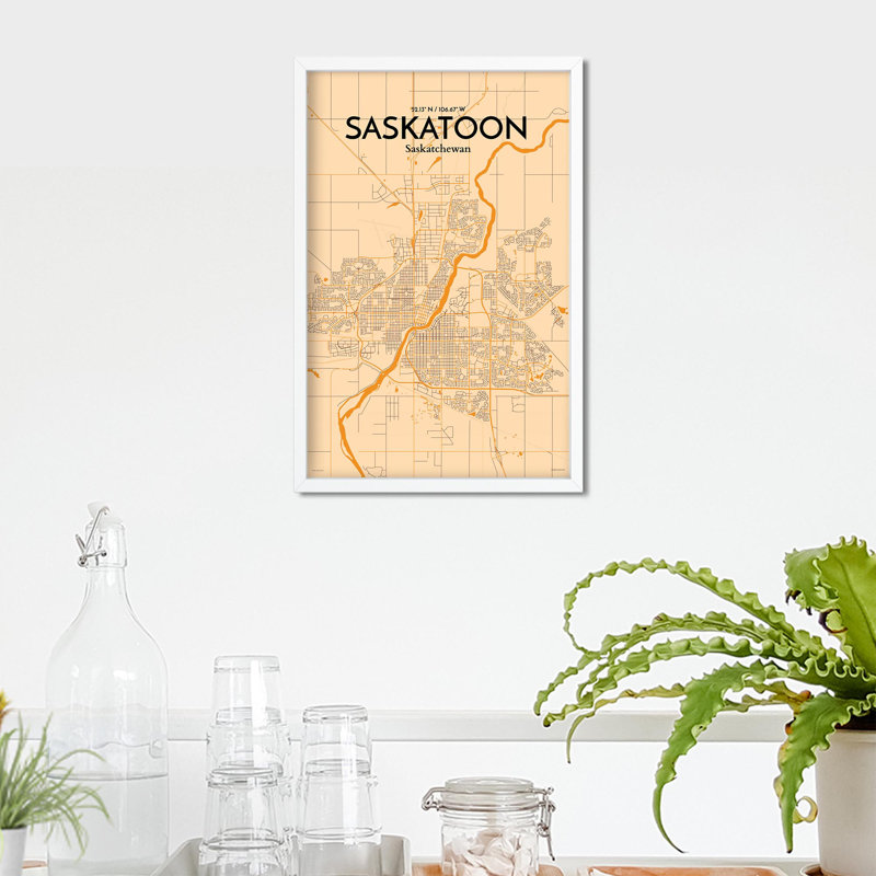 Saskatoon City Map, impression rétro, H 17 po x l 11 po
