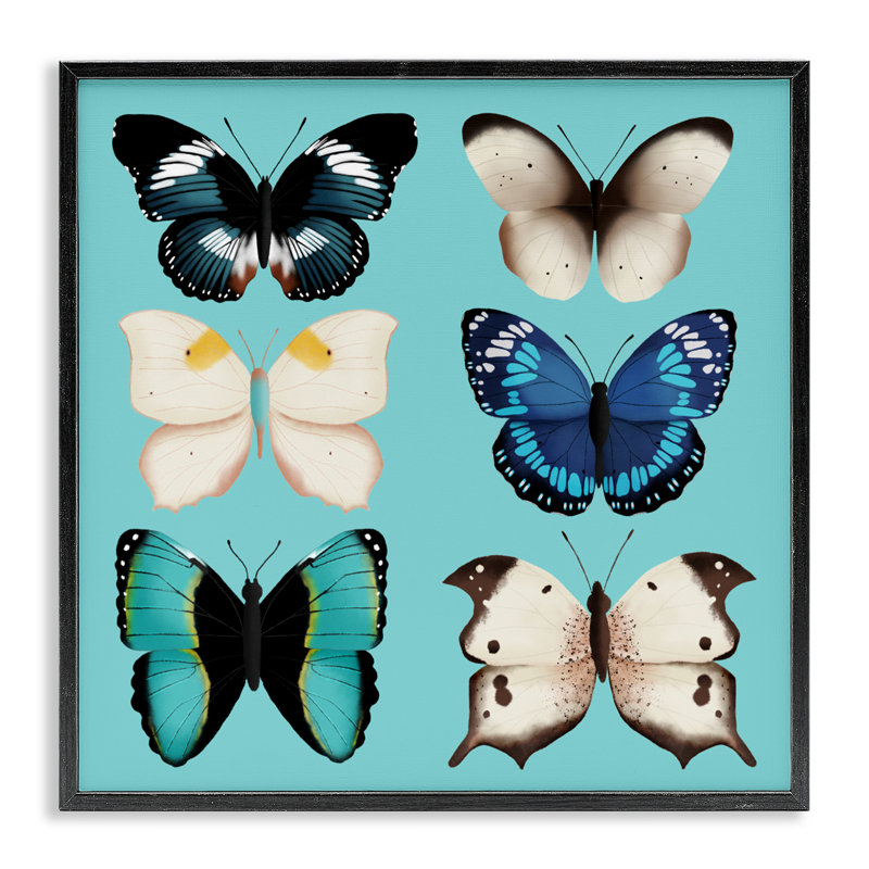 Six différents papillons sur fond turquoise, estampe numérique, design par Metka Hiti, H 12 po x l 12 po