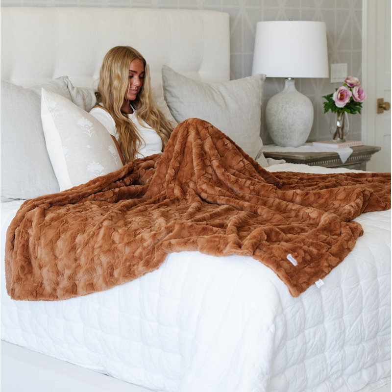 Camel Faux Fur Queen Reversible Throw Blanket