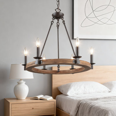 Farmhouse Chandelier Light Fixture, 6-Light Wood Wagon Wheel Design For Dining Room, Living Room, Bedroom And Foyer