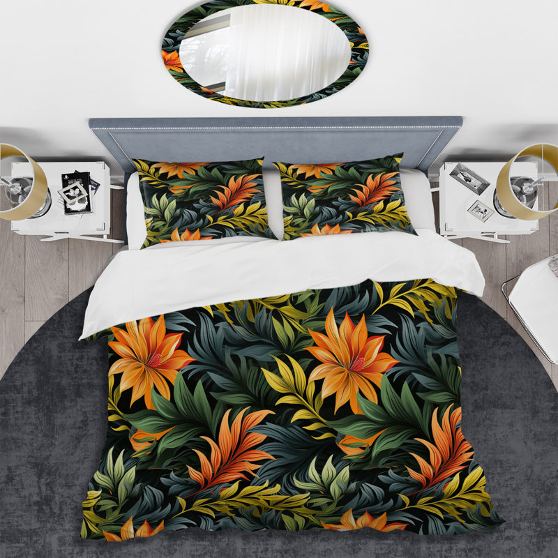 Ensemble de housse de couette Green And Orange Exotic Jungle Foliage I, Housse de couette simple + 1 taie décorative stan