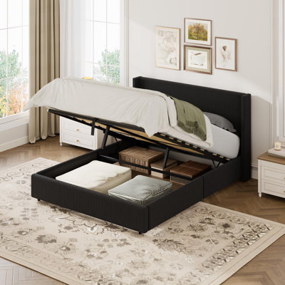 Upholstered Platform Bed with Gas Lift Storage - Padded Headboard, Wooden Slat Support, No Box Spring Needed