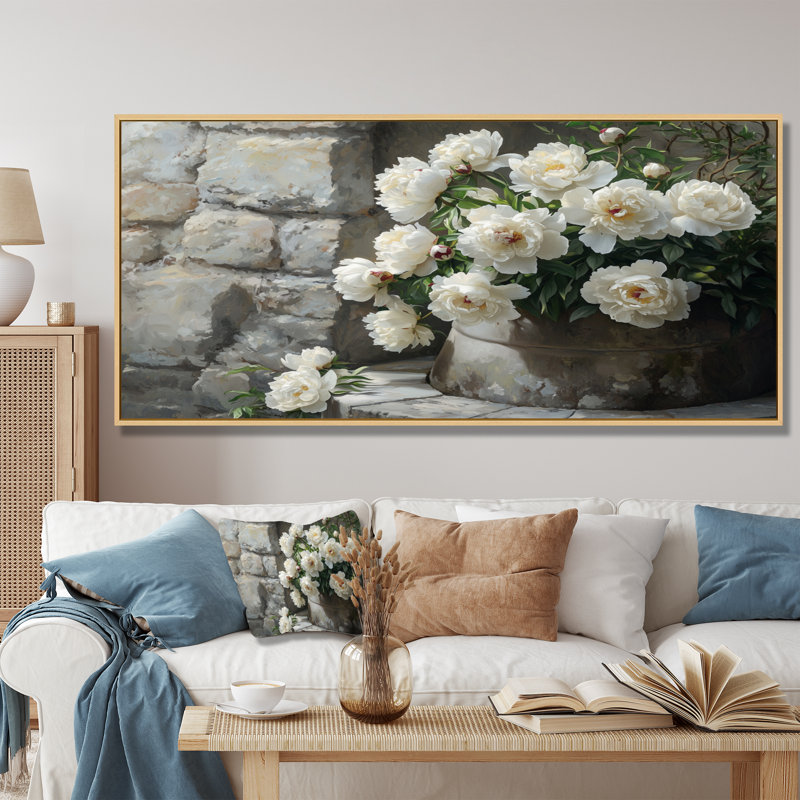 Pivoines près du puits de ferme II - pivoines, art mural, H 28 po x l 60 po, Cadre crème crème