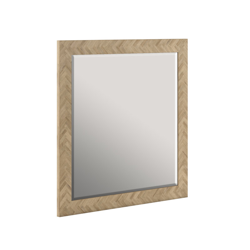 Washed Oak Square Mirror with Herringbone Pattern Frame