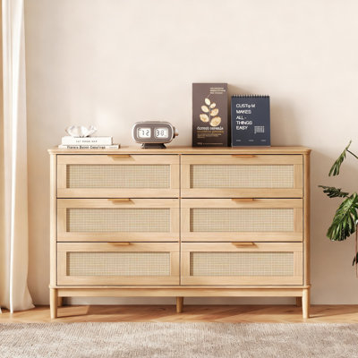 58" W Rattan 9-Drawer Dresser with Solid Wood Legs – Boho Coastal Storage Chest for Bedroom & Living Room