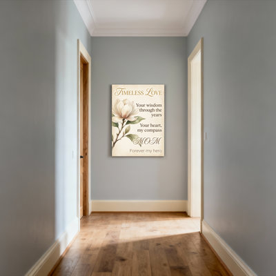 Tableau mural sur toile tendue avec citation d'amour intemporelle et fleur de magnolia, idéal pour la chambre ou le salon de maman