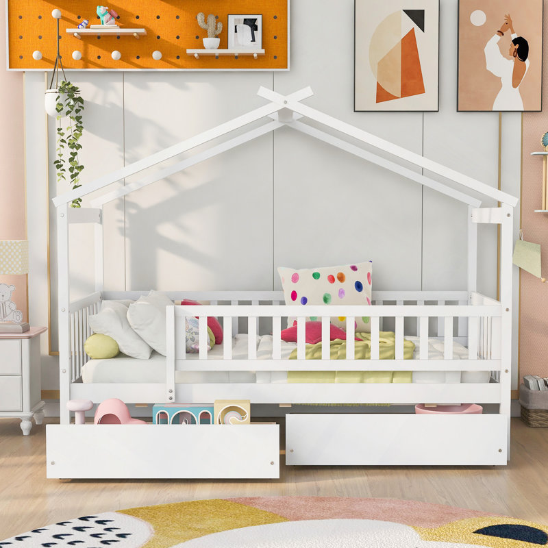 Lit en bois avec deux tiroirs, Lit simple, Blanc