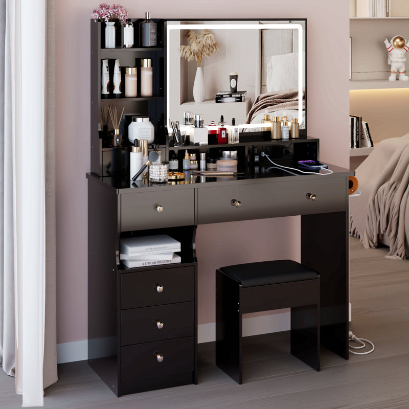 41" Large Size Left Drawer Desktop Vanity Table+Cushioned Stool Dresser Set, 2 AC+2 USB Power Station, Hair Dryer Stand, Extra Large Touch Control LED Mirror, 3-Color Switch, EPA, GCC, UL Certificate