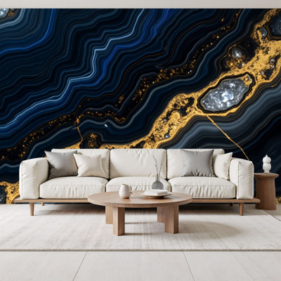 Peel and Stick Wallpaper Abstract Blue Gold Layered Crystal Texture Wall Murals 69"H x 96"W Removable PVC Wall Paper Self-Adhesive Wall Decor for Bedroom Living Room Home Office