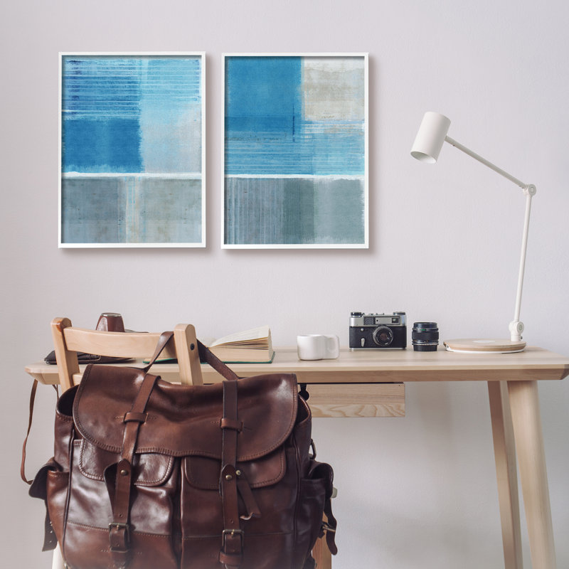 «Blue Rustic Abstraction», impression sur bois 2 pièces, H 20 po x l 32 po x P 1,5 po, Giclée encadrée blanc bord de mer