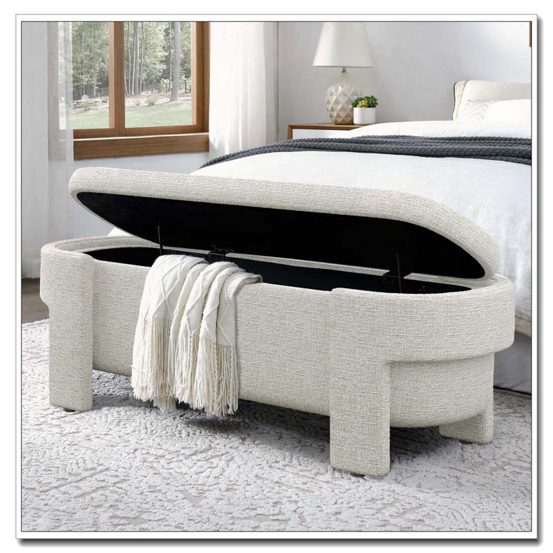 Linen Upholstered Bench with Large Storage Space, Beige