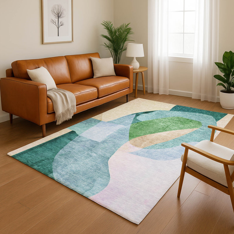 Tapis abstrait lavable à la machine de qualité supérieure Mayfield, Vert, 3 pi x 5 pi