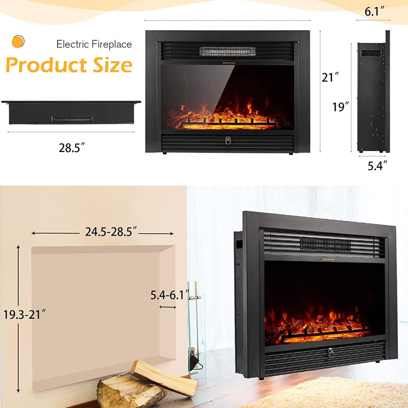 28.5" Black Wall Mounted Electric Fireplace with Adjustable Flames
