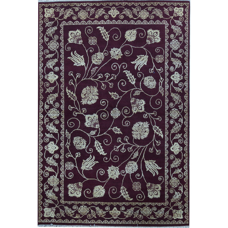 Tapis rouge noué à la main de haute qualité, Rectangle 6 pi 1 po x 9 pi