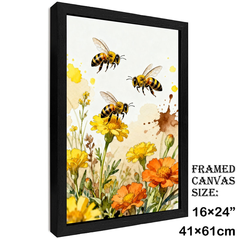 Les abeilles rétro encadrées noires sont actifs dans les fleurs et les plantes, reproductions d'art encadrées de style rétro