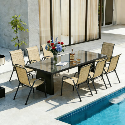 Chaises de patio empilables, tissu Textilène durable avec accoudoirs, cadre en métal robuste, chaises de salle à manger d'extérieur ergonomiques à séchage rapide pour la cour arrière et le bord de la piscine (brun, 8 pièces)