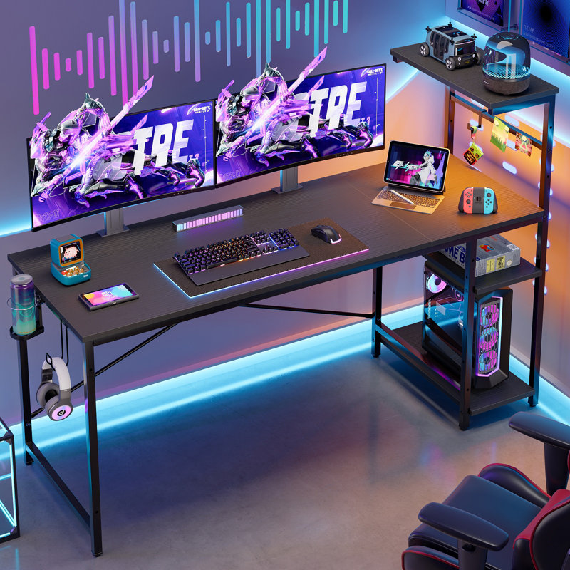 Nedyo 44'' W Computer Desk with RGB LED Lights & Reversible Storage Shelves,Home Office Desk with Hooks, CPU Stand,Cup Holder and Cloud Magnets，Gaming Desk.