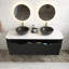 Meuble-lavabo noir 60 po avec éviers, meuble de rangement mural rayé à bords arrondis avec 2 tiroirs, 2 lavabos en céramique à motif de pierres, pré-assemblé-799801992