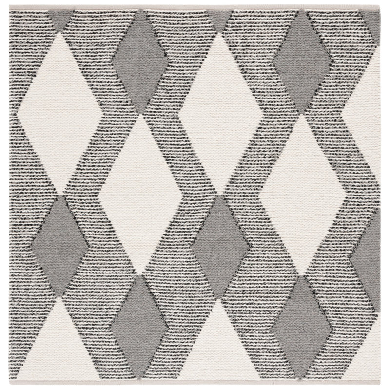 Charvik Geometric Handmade Area Rug in Ivory/Gray/White, Square 6'