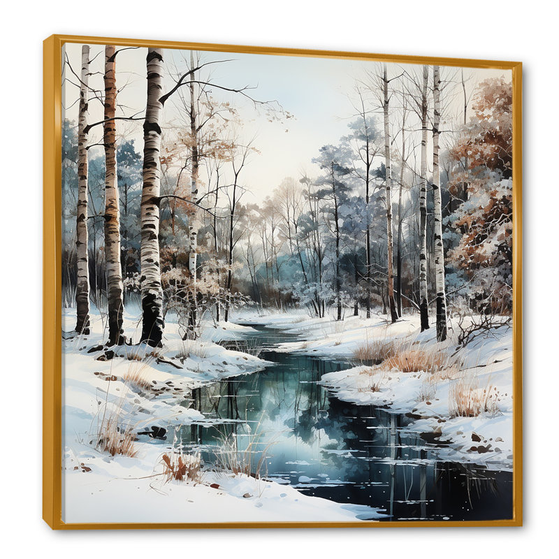 Rivière en forêt, paysage d'hiver - impressions sur toile de forêt, H 36 po x l 36 po x P 1,5 po, Cadre flottant doré